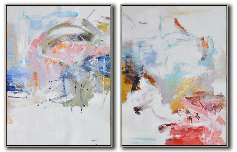 Hand Painted Extra Large Abstract Painting,Set Of 2 Abstract Oil Painting On Canvas,Modern Wall Art,White,Grey,Yellow,Pink,Red.etc